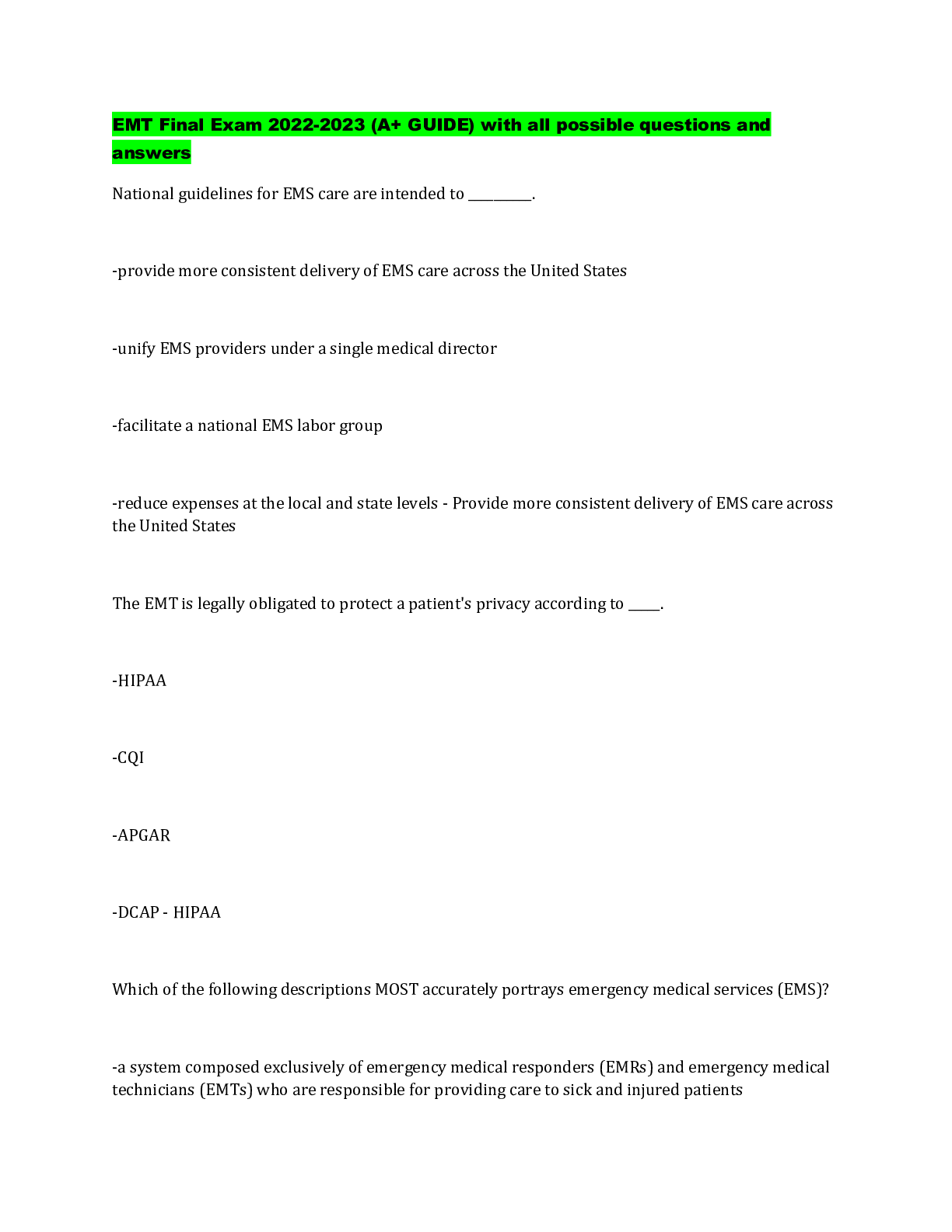 Preview image for EMT Final Exam 2022-2023 (A+ GUIDE) with all possible questions and answers